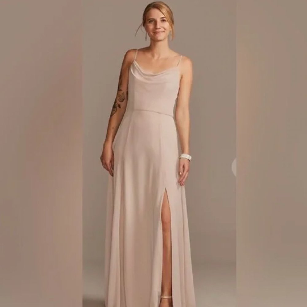 Cowl Neck Chiffon Bridesmaid Dress w/ Slit Davids Bridal Size 4 Biscotti
